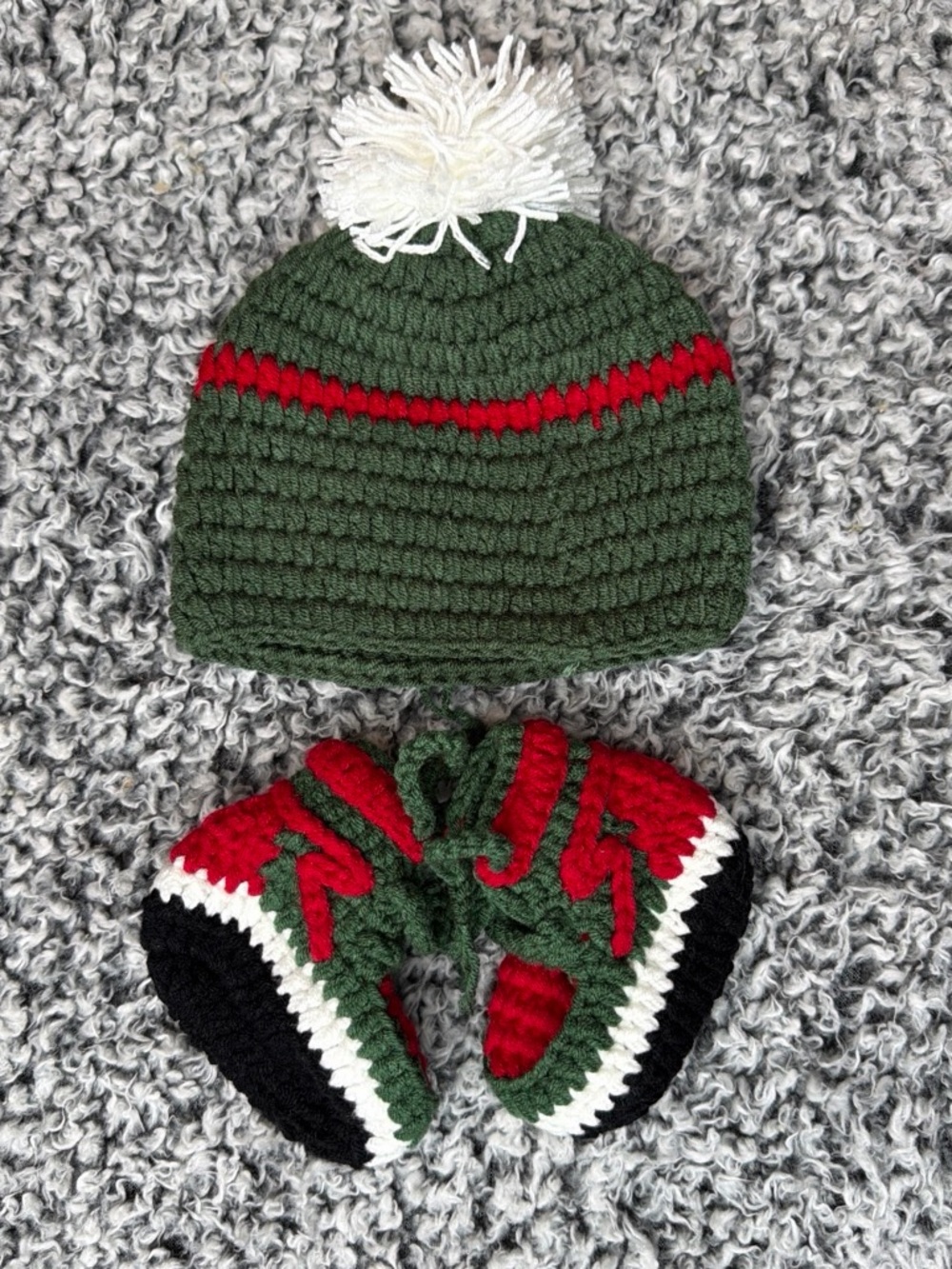 Cozy Kids Green Crochet Beanie with White Pom and Red Stripe